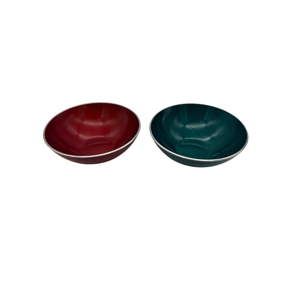 Pair Of Vintage Emalox Norway MCM Enamelware Metal Bowls 4" In Red & Green